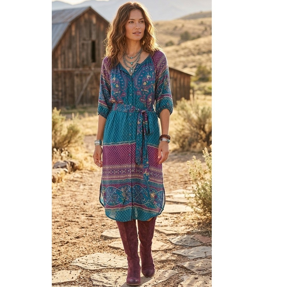 Sundance Midi Dress Size SP Teal  Floral Paisley Belted Boho Southwestern